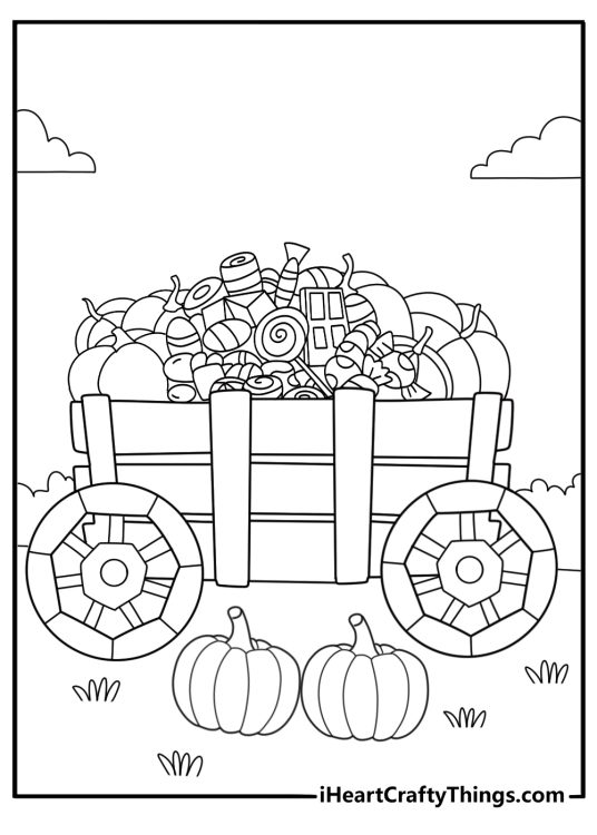 trick or treat themed wagon filled with pumpkins and candy coloring page