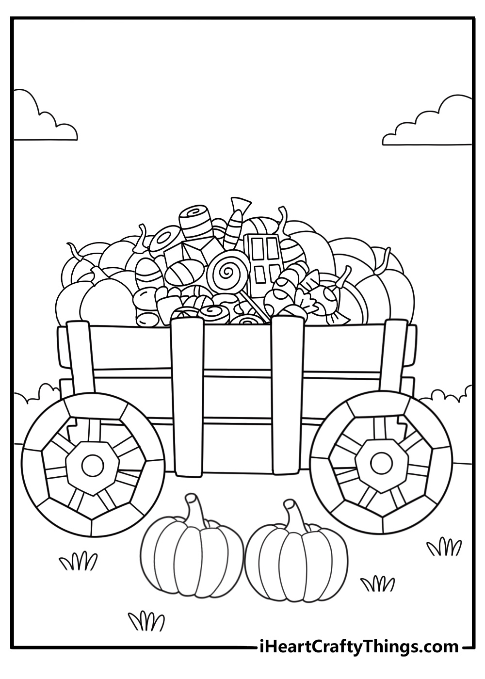 trick or treat themed wagon filled with pumpkins and candy coloring page