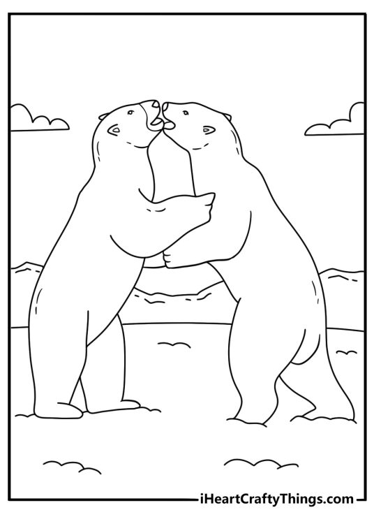 two adult polar bears wrestle in this detailed animal coloring sheet