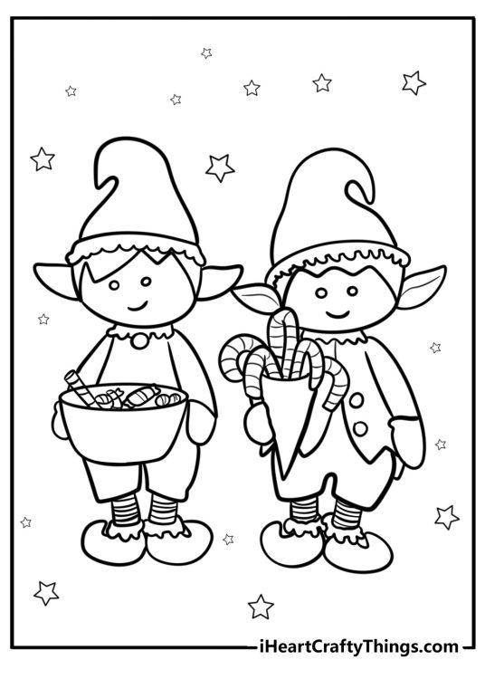 Coloring page for pre-schoolers capturing two Christmas Elves holding bowls with candies