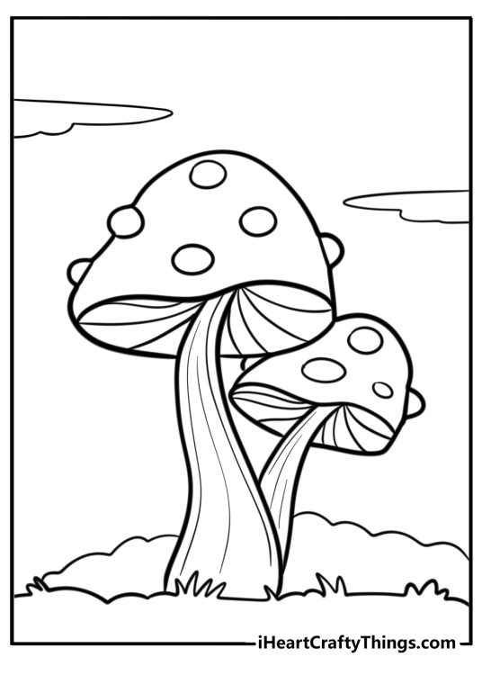 Printable coloring poster featuring two tall mushrooms growing together side by side