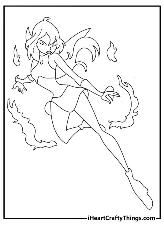 winx coloring pages bloomix with Bloom flying through magical flames
