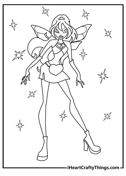winx coloring pages charmix featuring Bloom with a charmix bag and sparkles
