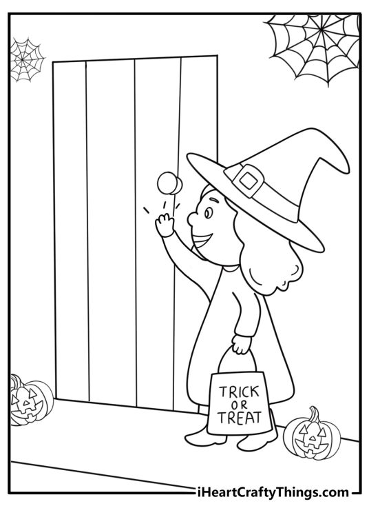 witch child knocking on a spooky door for trick or treat coloring sheet