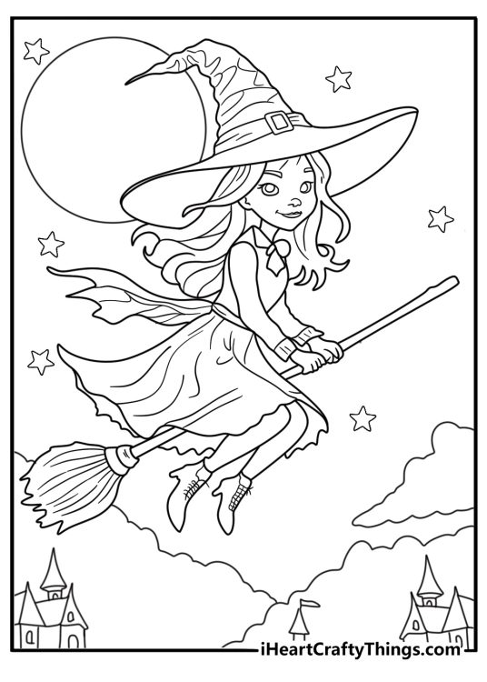 witch on broom flying over moonlit village fantasy coloring printable easy download
