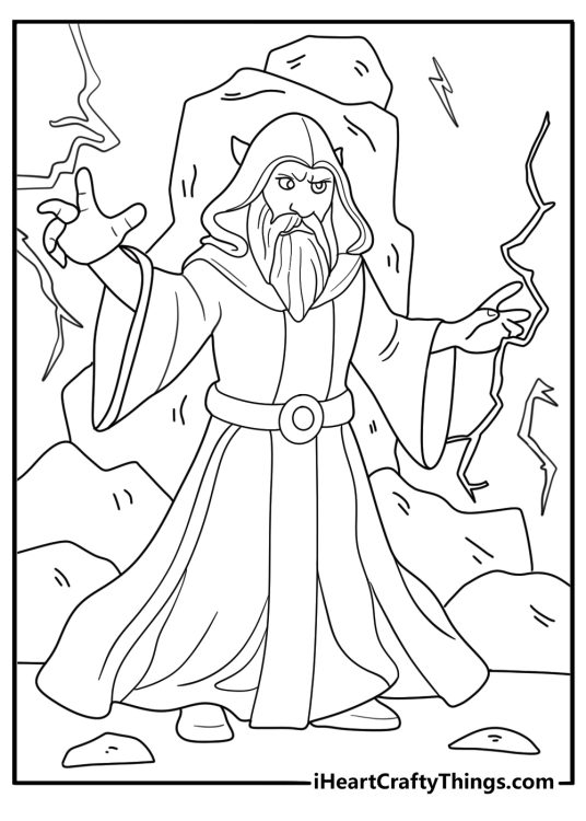 wizard casting lightning spell coloring sheet with runes on the ground for adults download