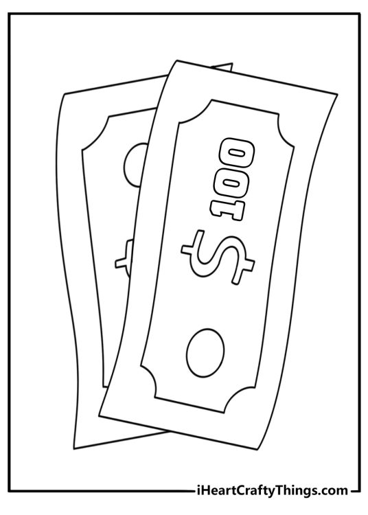 100 dollar bill coloring page with large numbers and a simple border