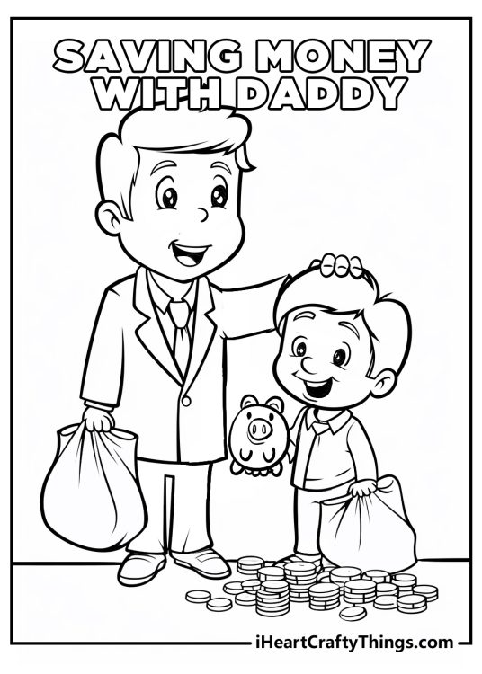 Image of a father and son learning how to save money with a SAVING MONEY WITH DADDY phrase above them