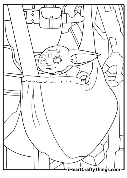 A Mandalorian coloring sheet features Grogu riding inside a shoulder bag