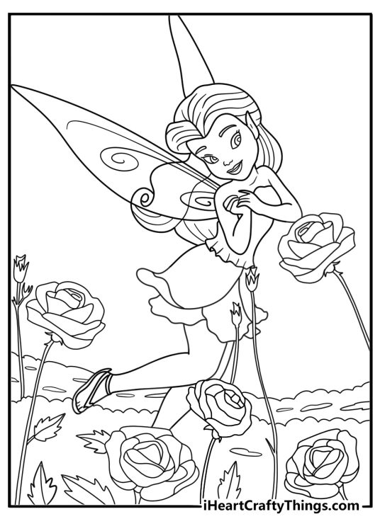 A Pixie Hollow scene shows Rosetta tending a rose garden