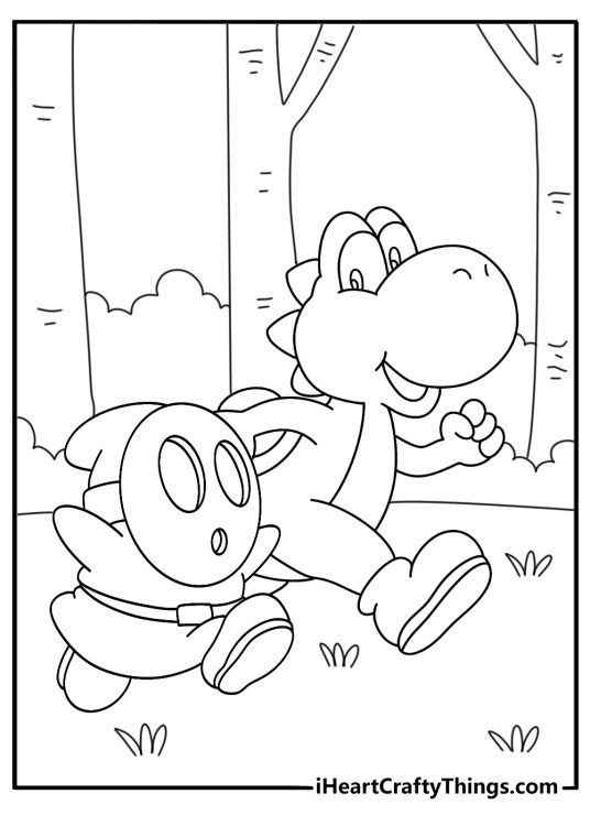 A Shy Guy runs past Yoshi on a forest path in this printable page
