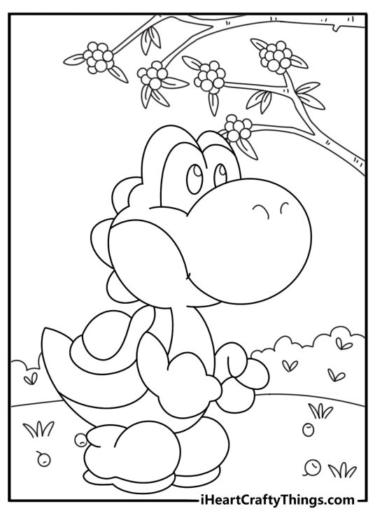 A berry tree stands beside Yoshi in this coloring page for kids