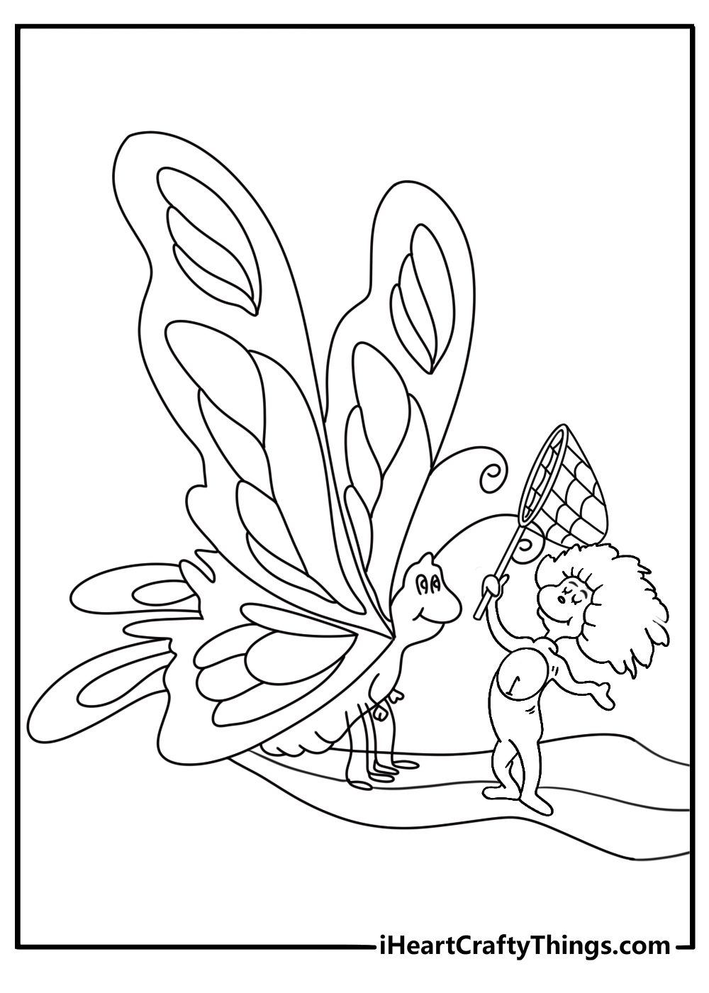 A butterfly net appears with Thing 1 in this simple coloring page