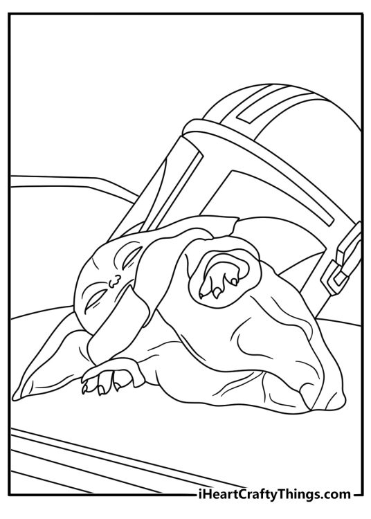 A cute Grogu printable shows him resting beside the Mandalorian armor