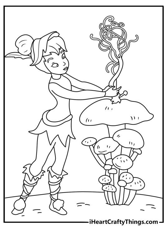 A detailed fairy coloring page features Tinker Bell near the seasonal scepter