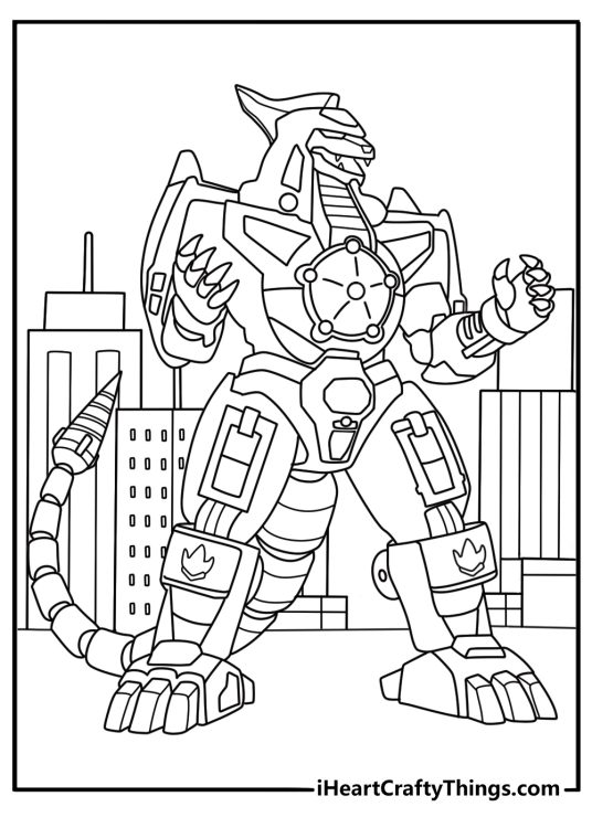 A giant Dragonzord towers over the city in this Power Rangers printable