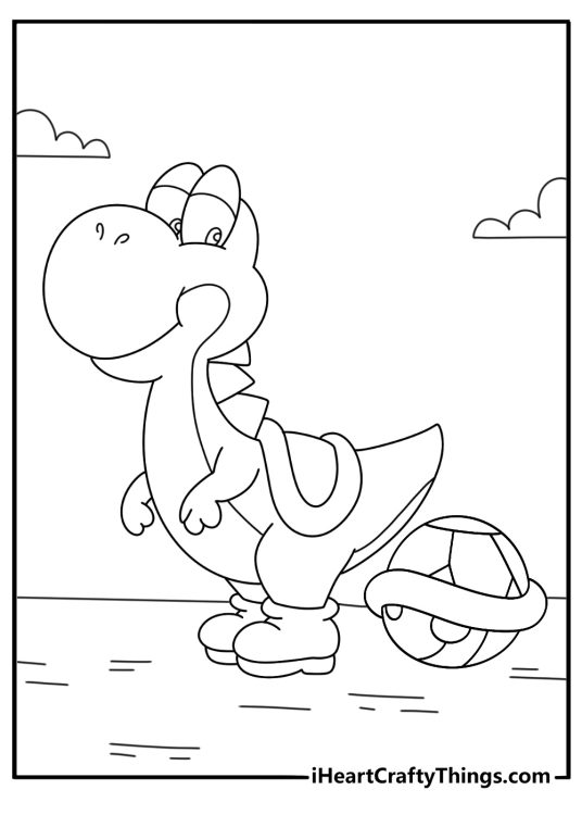 A green shell rests near Yoshi in this simple coloring page