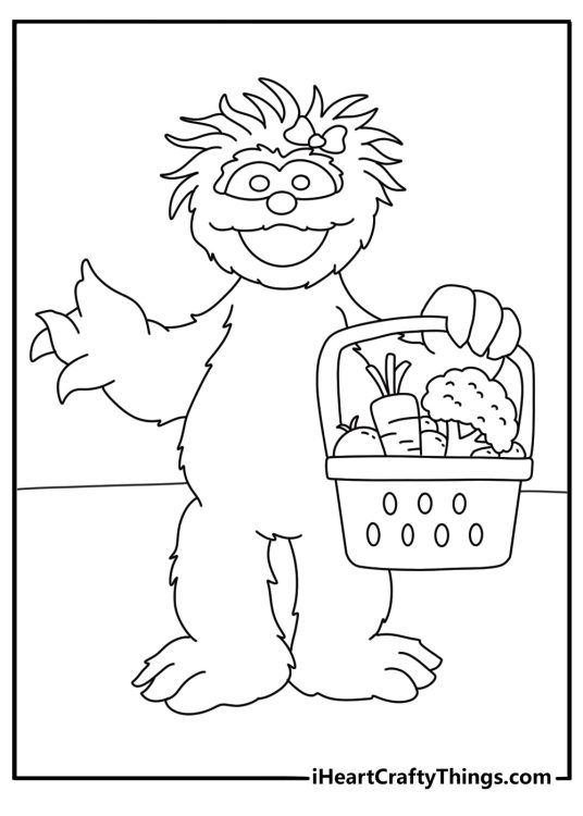 A grocery basket filled with fruit appears beside Rosita in this free sheet