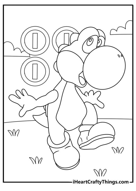 A hain of coins leads Yoshi through a grassy level