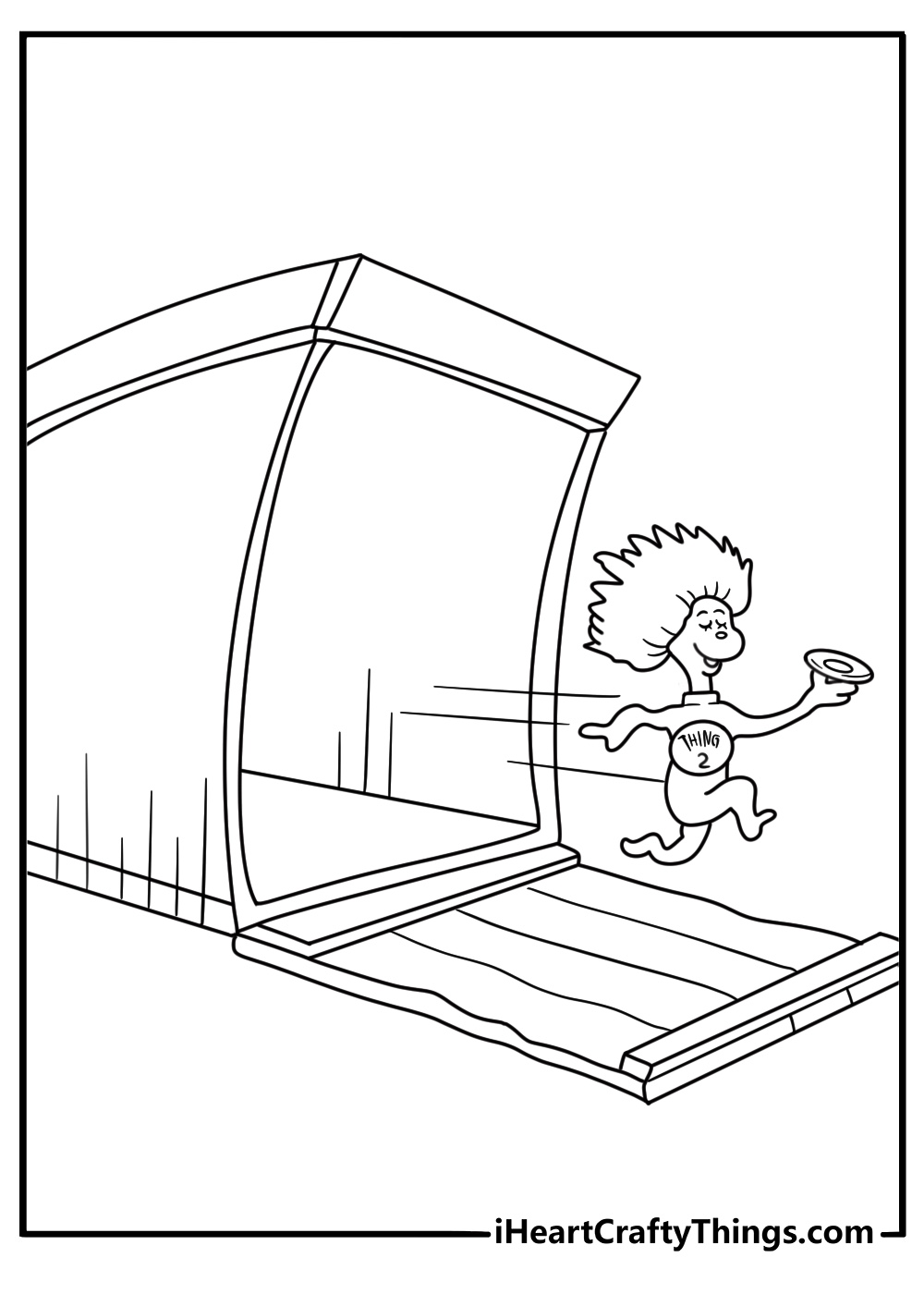 A large red box opens to reveal Thing 2 in this easy Cat In The Hat printable