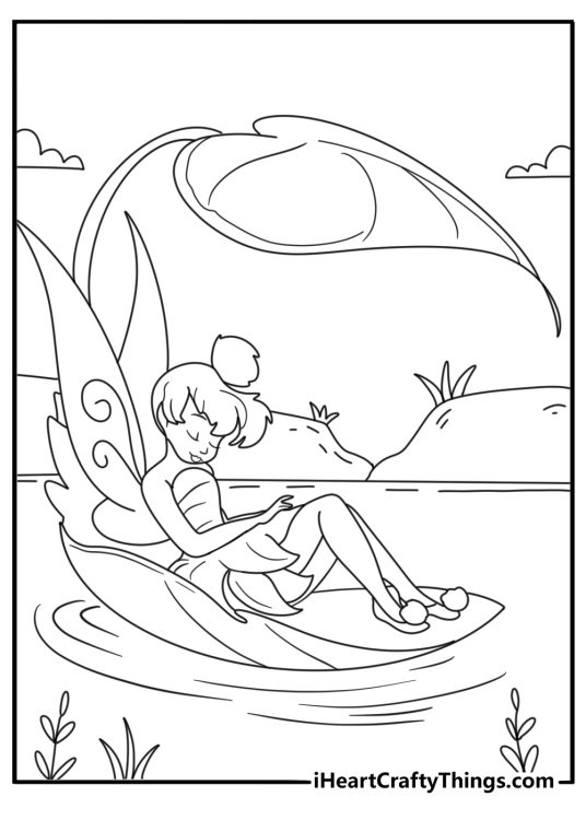 A leaf boat floating on a stream fills this Tinker Bell coloring page