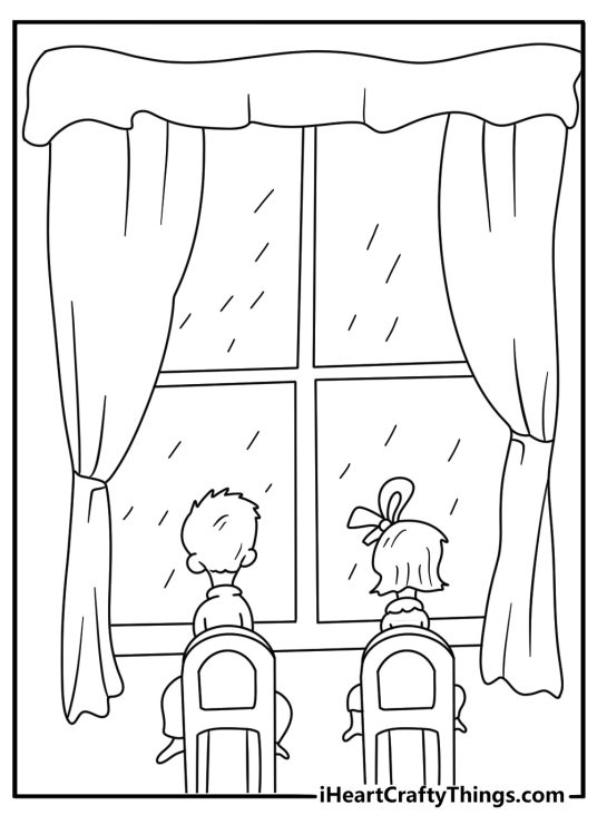 A rainy day window frames the children in this Cat In The Hat coloring page