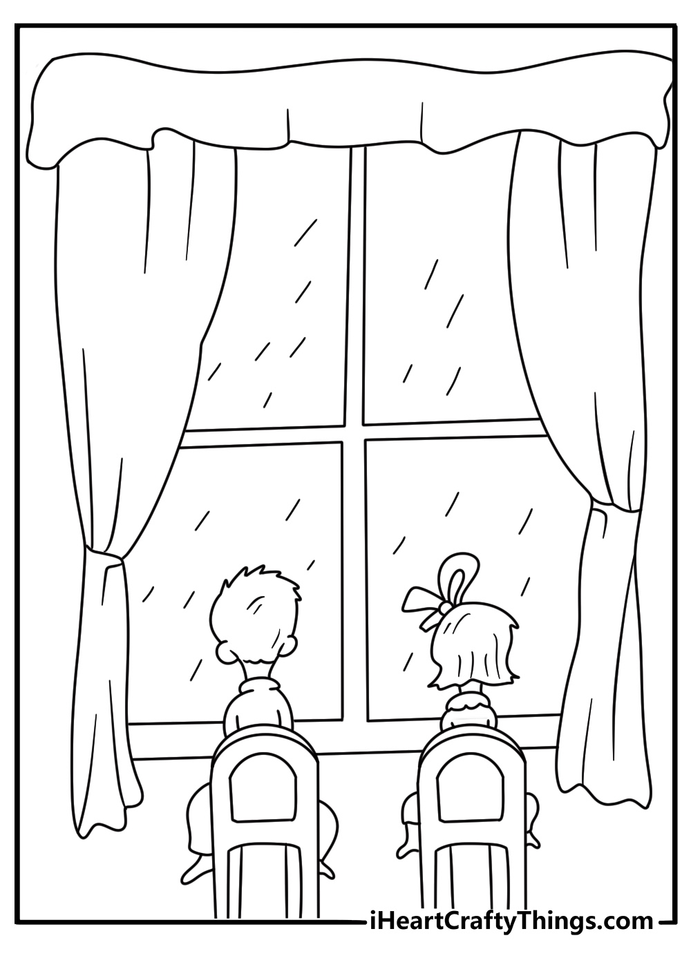 A rainy day window frames the children in this Cat In The Hat coloring page