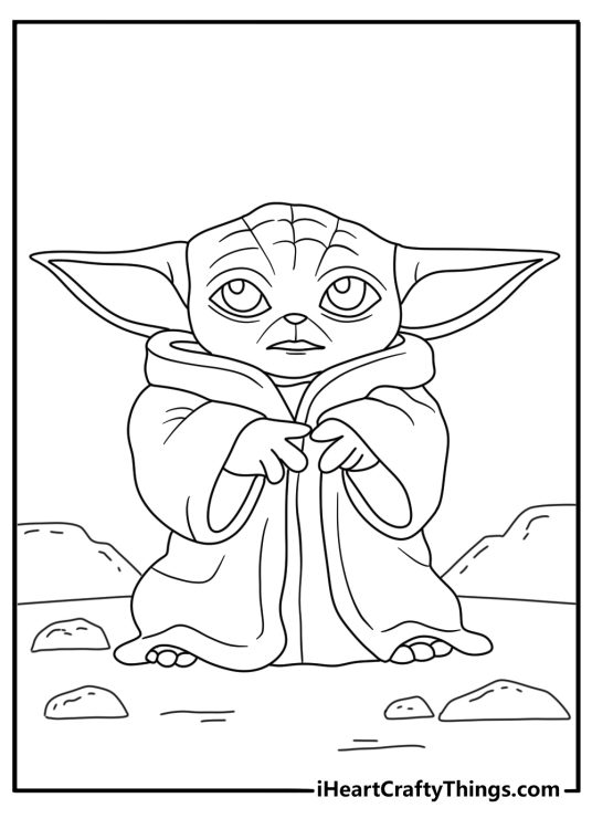 A simple Baby Yoda coloring sheet shows his long ears above a robe collar