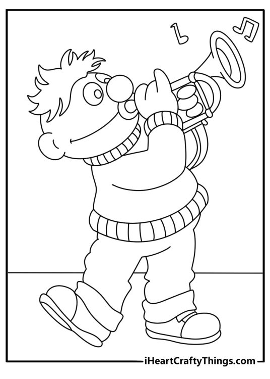 A simple coloring sheet features Ernie playing a saxophone