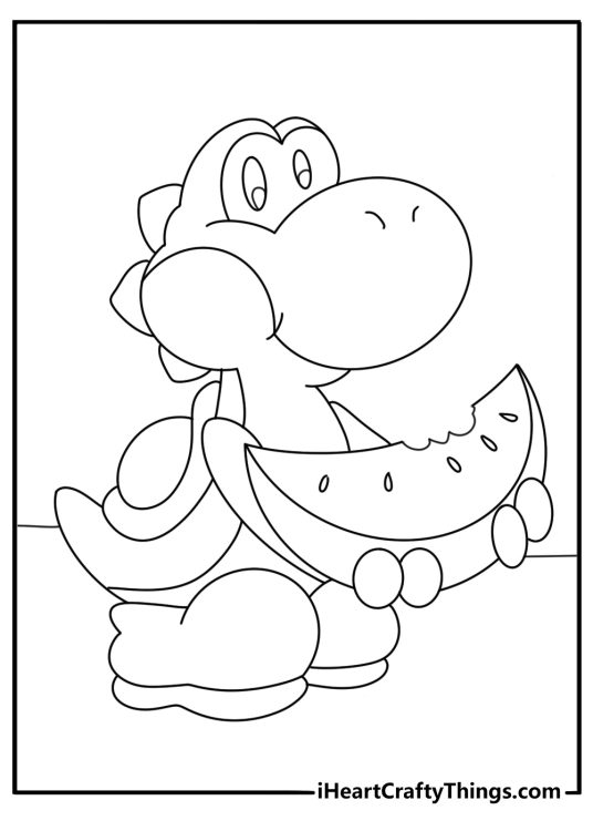 A simple coloring sheet shows Yoshi eating a red watermelon