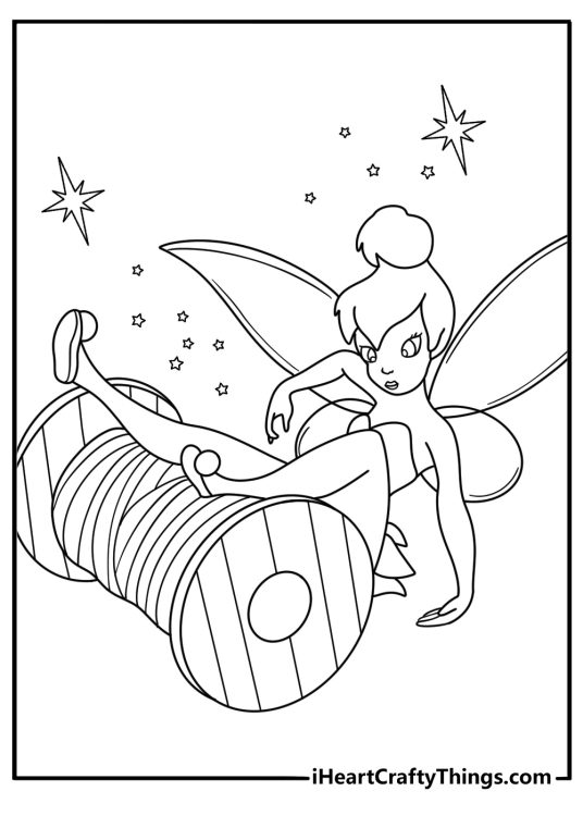 A simple fairy coloring sheet shows Tinker Bell beside a spool of thread