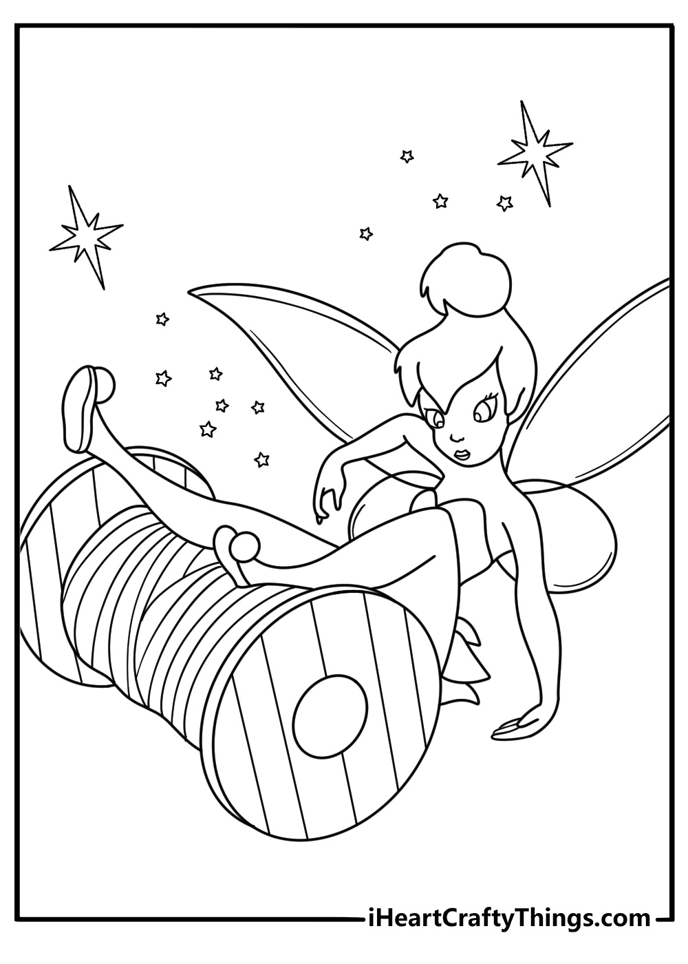A simple fairy coloring sheet shows Tinker Bell beside a spool of thread