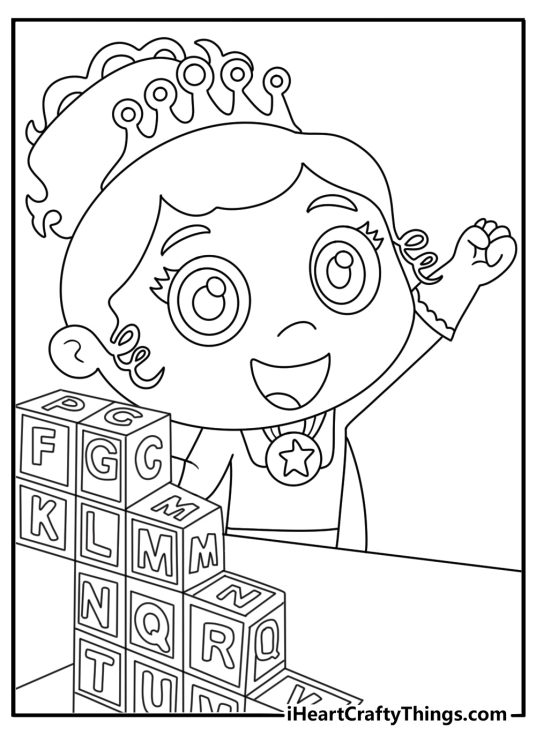 A simple preschool coloring sheet shows Princess Presto arranging letter blocks