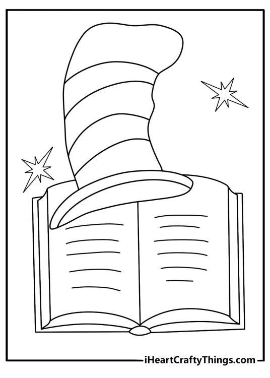 A tall striped hat rests beside an open storybook in this free coloring page
