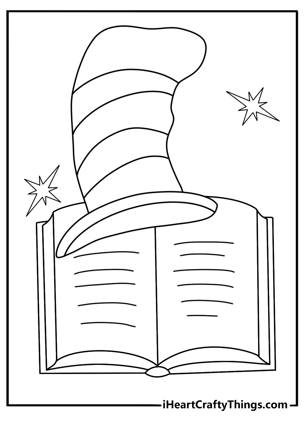 A tall striped hat rests beside an open storybook in this free coloring page