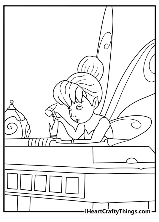 A tiny hammer and acorn tools surround Tinker Bell in this easy coloring sheet