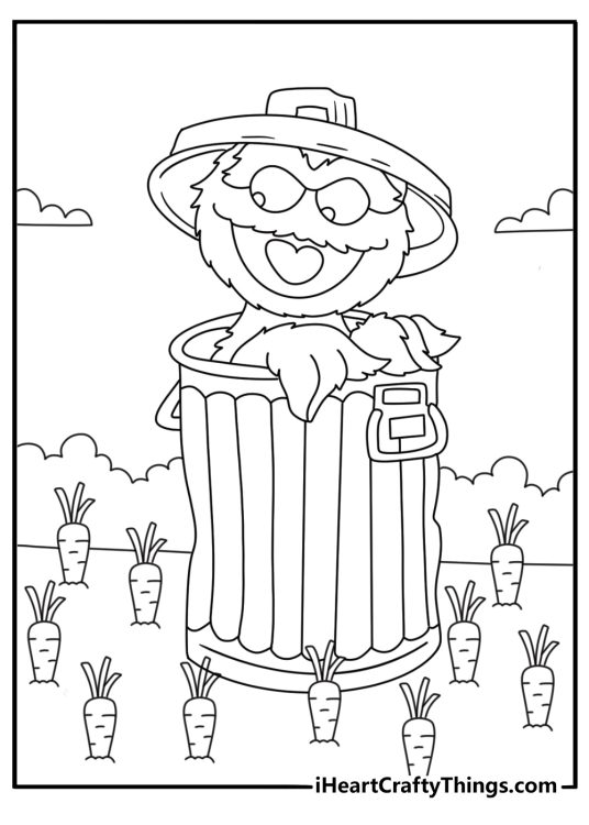 A vegetable garden surrounds Oscar in this easy Sesame Street printable