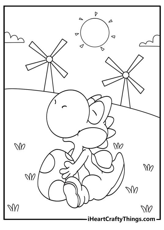 A windmill turns behind Yoshi on a sunny island