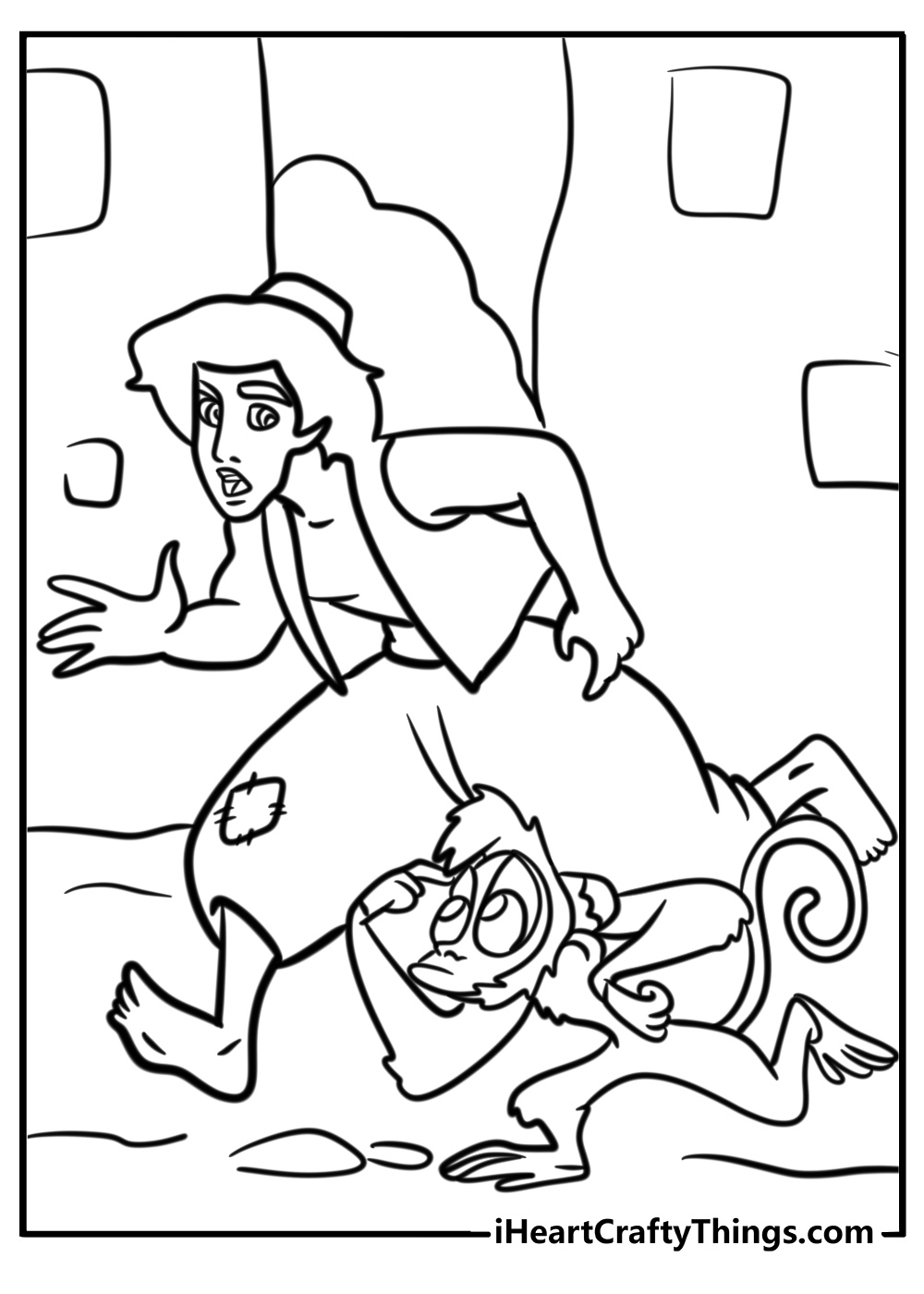 Aladdin and Abu running through the streets coloring page