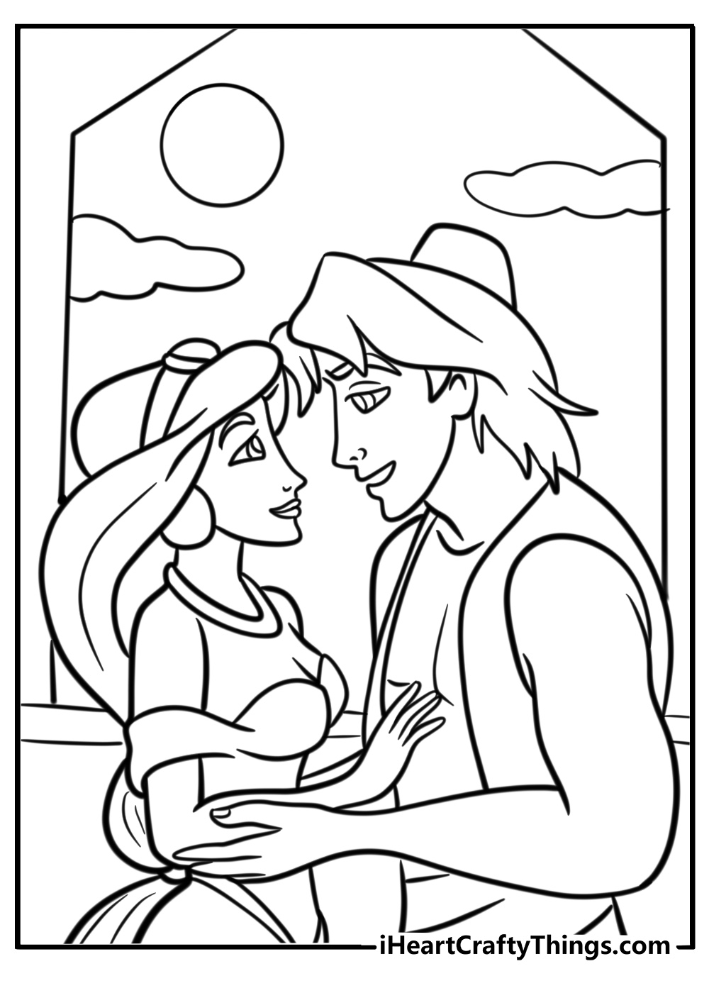 Aladdin and Jasmine at the palace fun coloring sheet