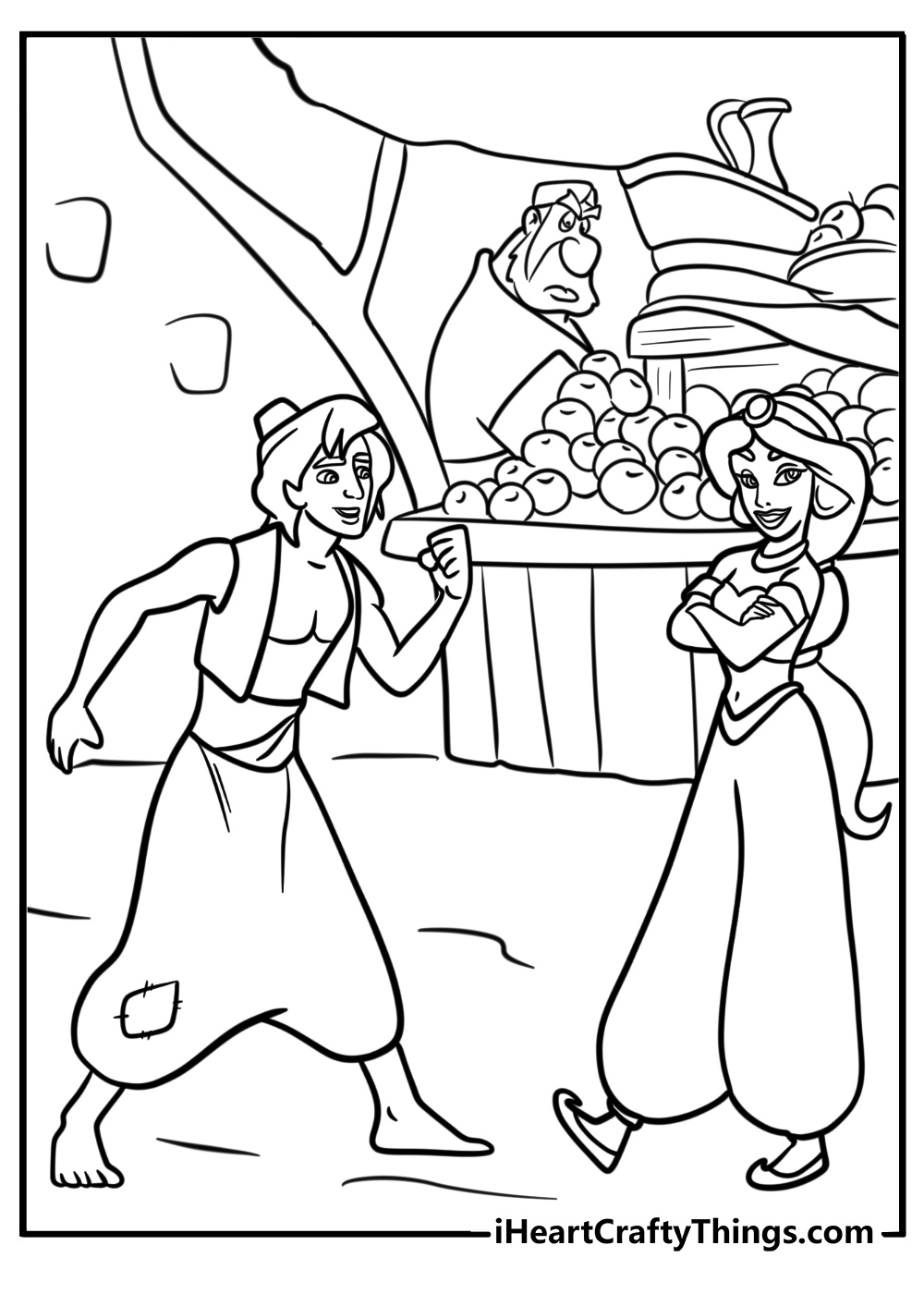 Aladdin and Jasmine in the marketplace printable coloring page