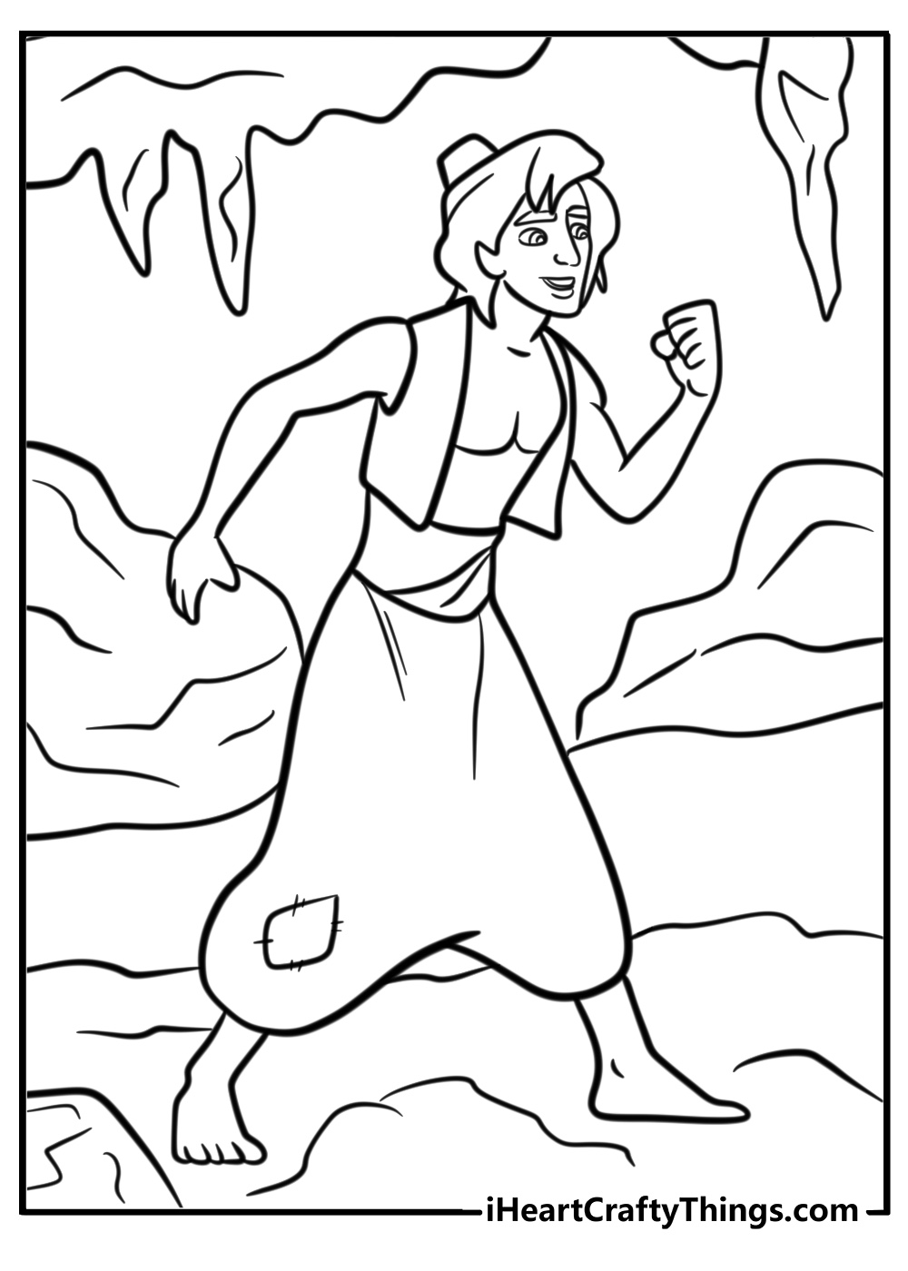 Aladdin escaping from the Cave of Wonders coloring page