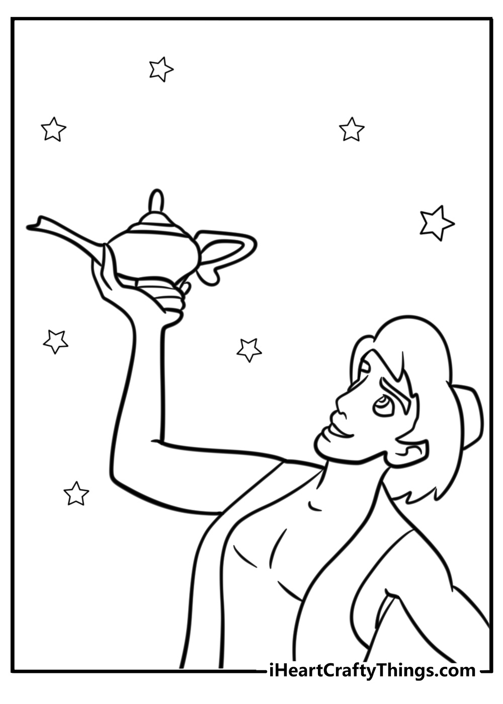 Aladdin holding his magic lamp coloring page for kids