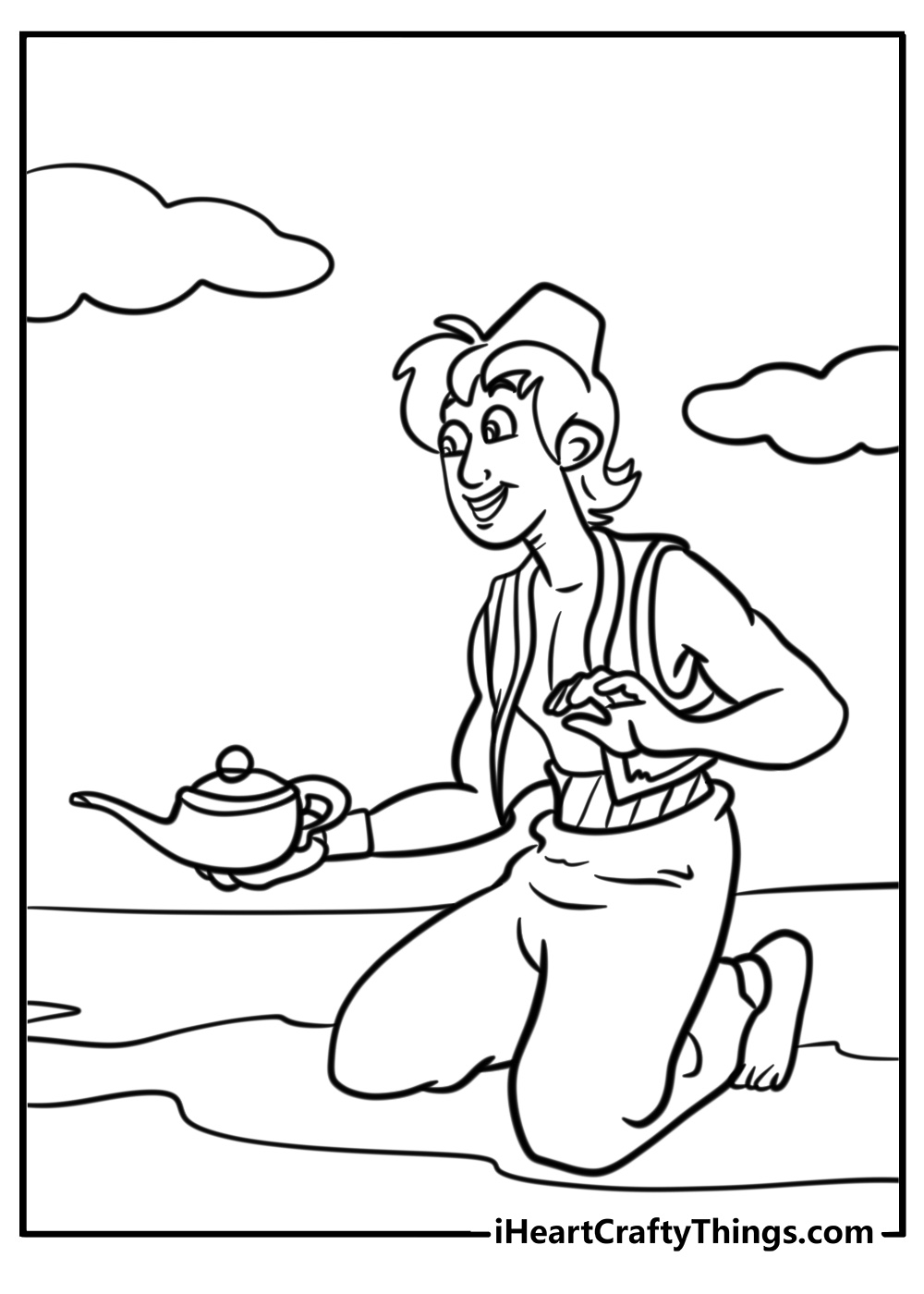 Aladdin holding out the magic lamp detailed coloring sheet