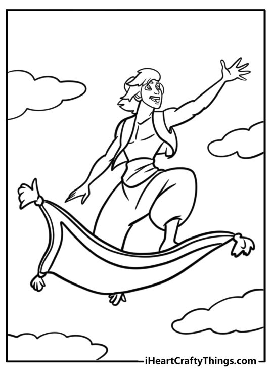 Aladdin riding the magic carpet detailed coloring sheet
