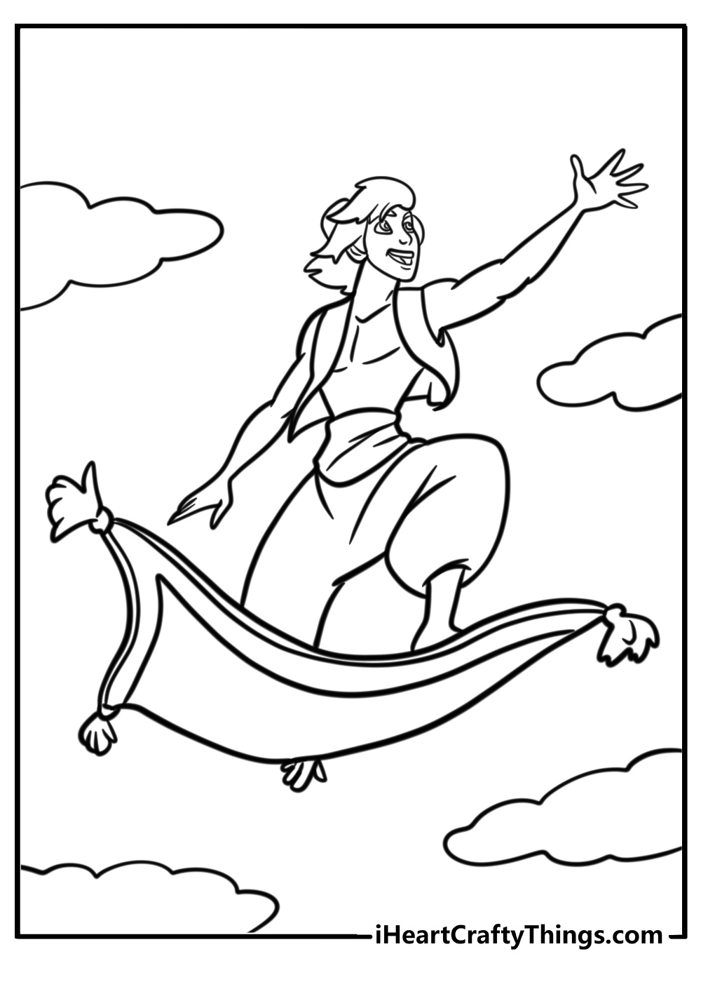 Aladdin riding the magic carpet detailed coloring sheet