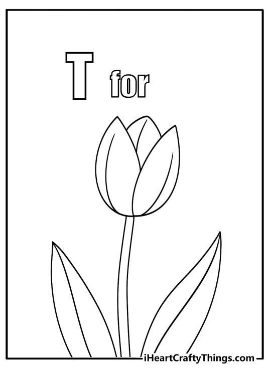 Alphabet T for tulip educational coloring page