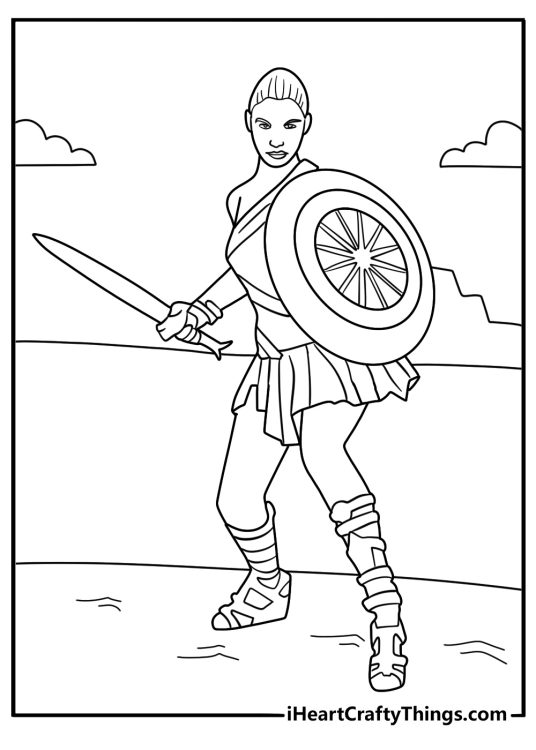 Amazon training ground Wonder Woman with spear practicing footwork coloring sheet pdf