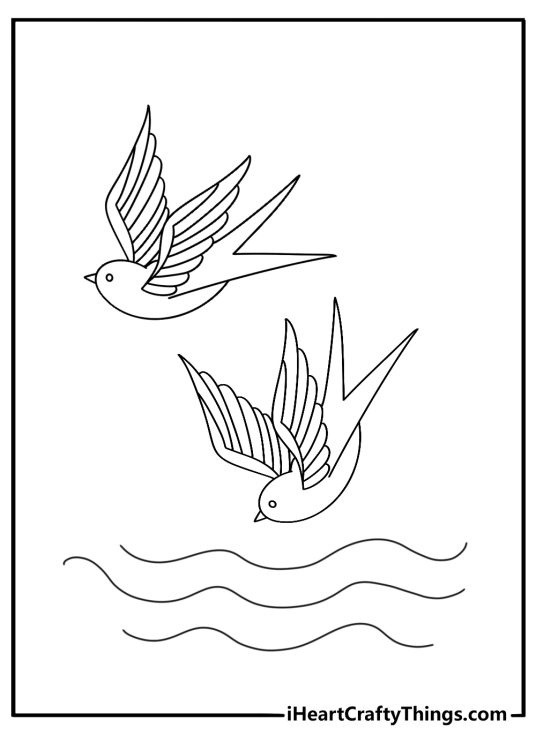 American traditional tattoo coloring page with a swallow flying over waves