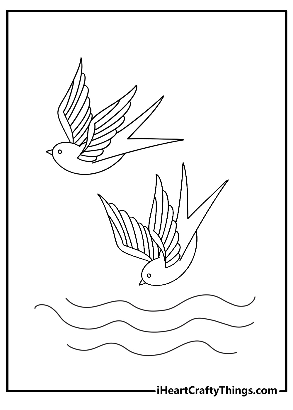 American traditional tattoo coloring page with a swallow flying over waves